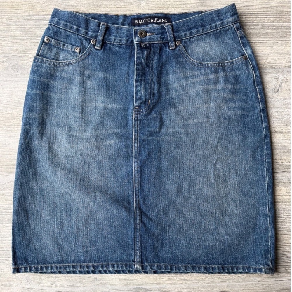Y2K Nautica Jeans Medium Wash Denim Mini Skirt Size 6 High Waist Cotton Preppy
